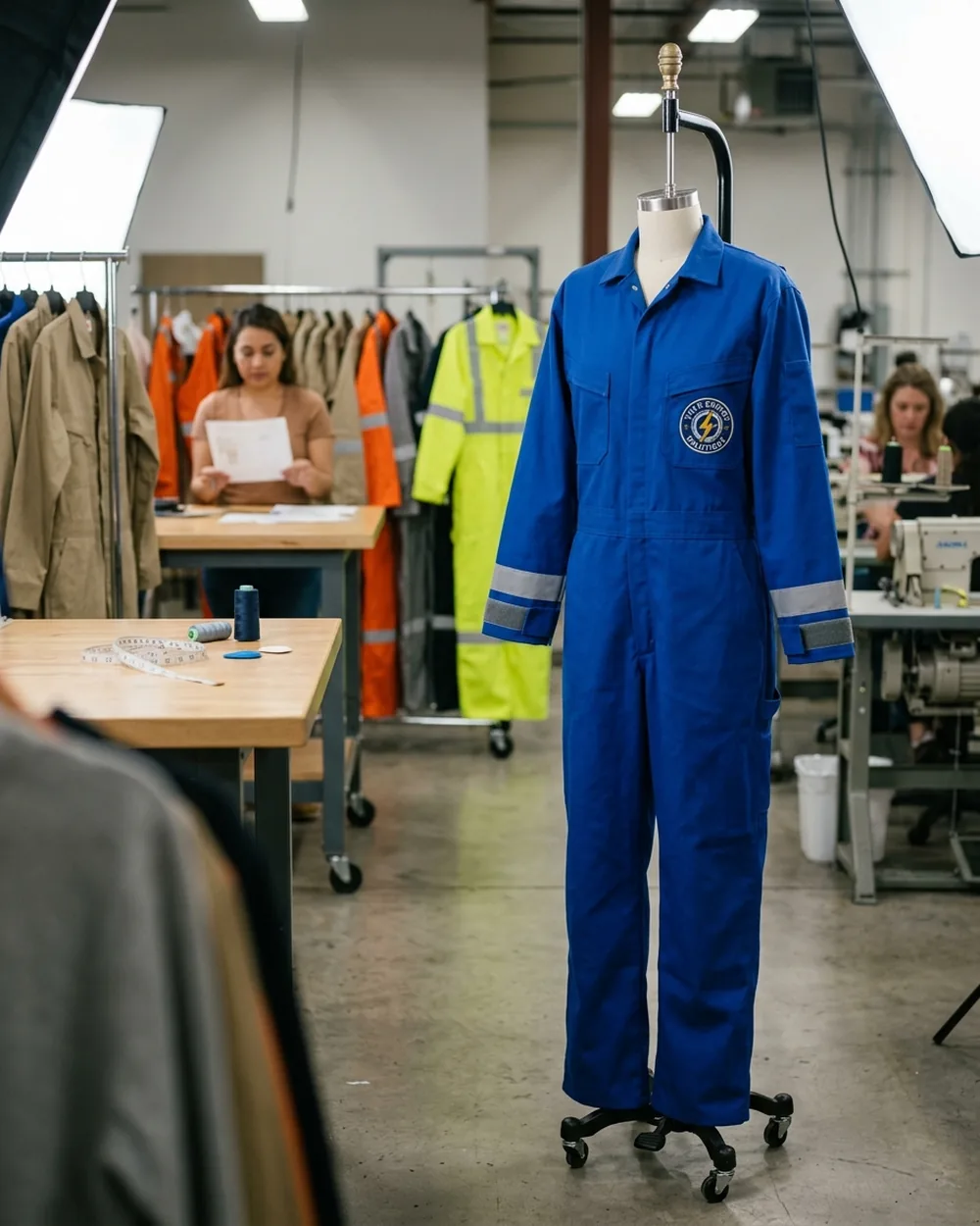 Custom FR coverall on a dress form with aramid hook-and-loop cuffs and a chest patch