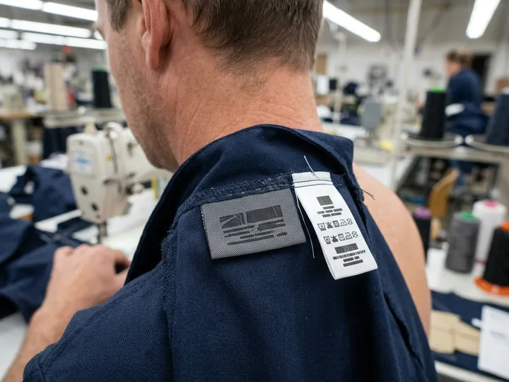 Private-label neck label and FR compliance label on an FR shirt collar