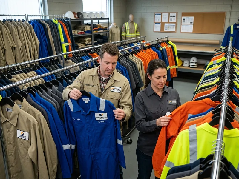 Distributor sample room with private-label FR workwear on rails