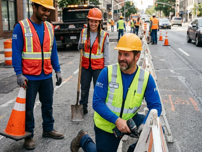 Road crew in fluorescent hi-vis safety vests