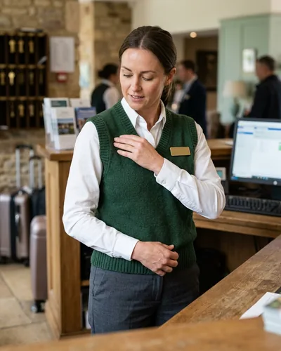 Front desk agent straightening a forest green knit vest
