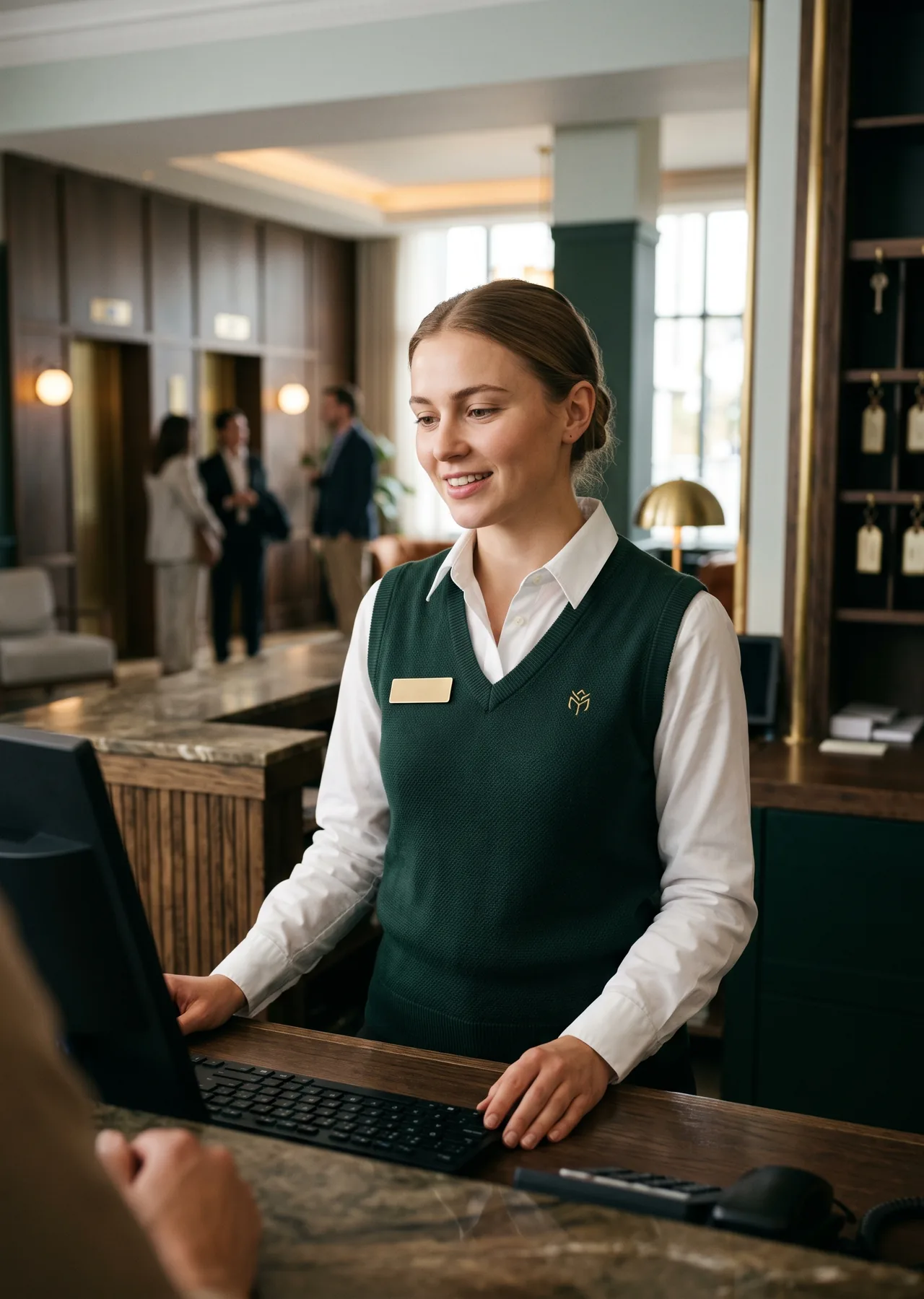 Front desk agent in a white poplin blouse and forest green knit vest behind a hotel reception desk