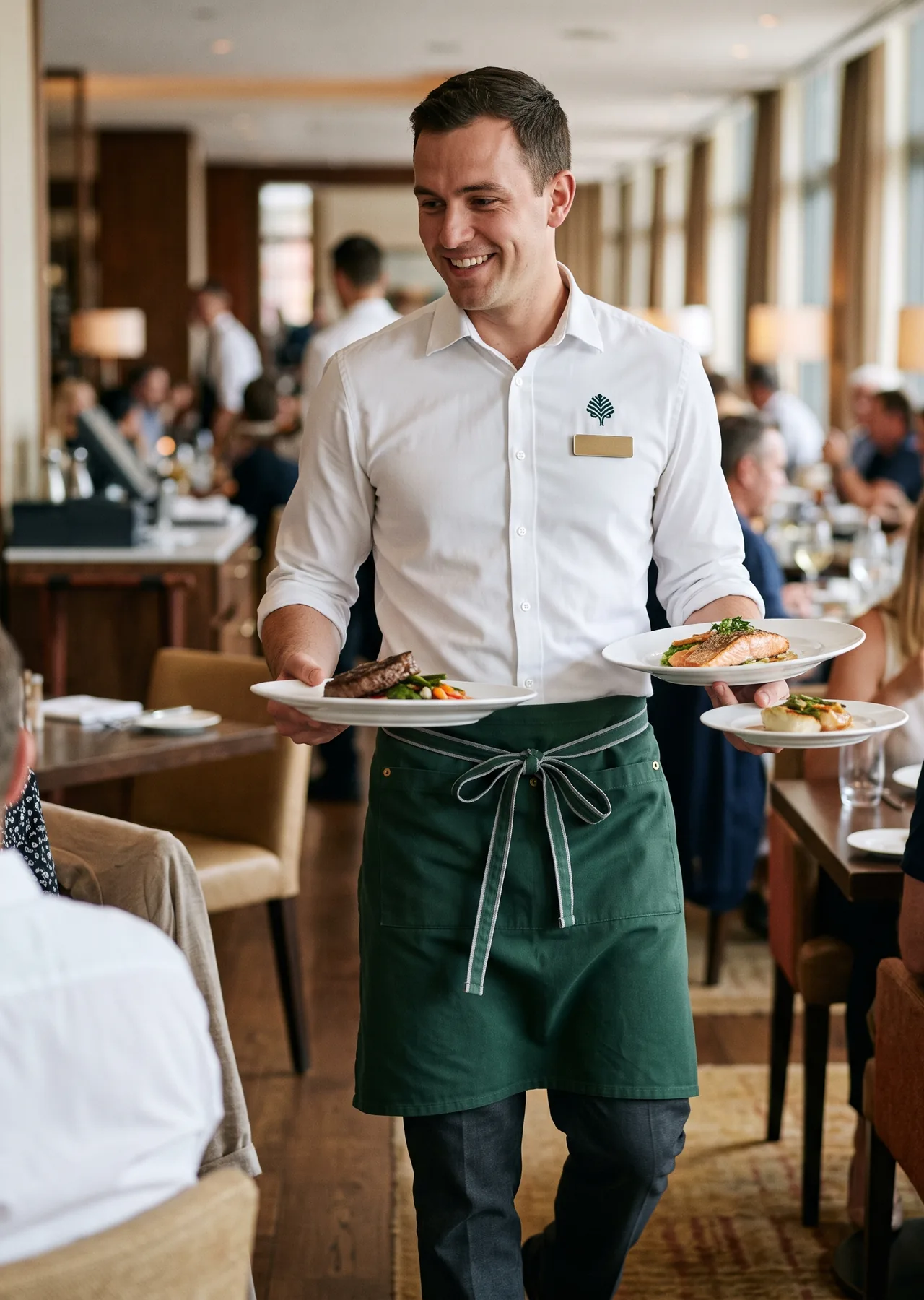 Restaurant server in a white service shirt and forest green bistro apron carrying plates