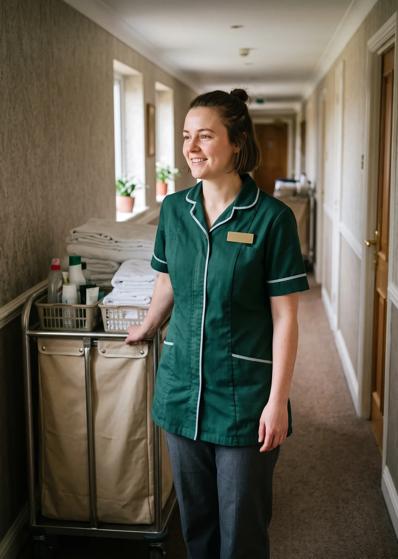 Room attendant in a forest green snap-front tunic with light piping beside a linen trolley in a hotel corridor