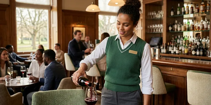 Bar server in a forest green knit vest pouring wine in a hotel lounge