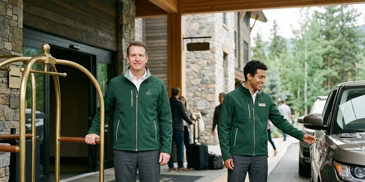 Doorman and valet in forest green softshell jackets at a hotel entrance