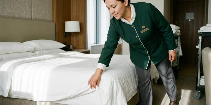 Room attendant in a forest green tunic making a hotel bed