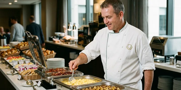 Hotel chef in a white chef coat behind a breakfast buffet