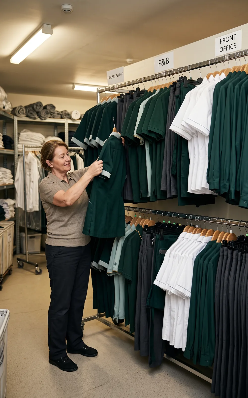 Executive housekeeper checking a rail of front office, housekeeping and F&B uniforms hung by department in a hotel uniform room