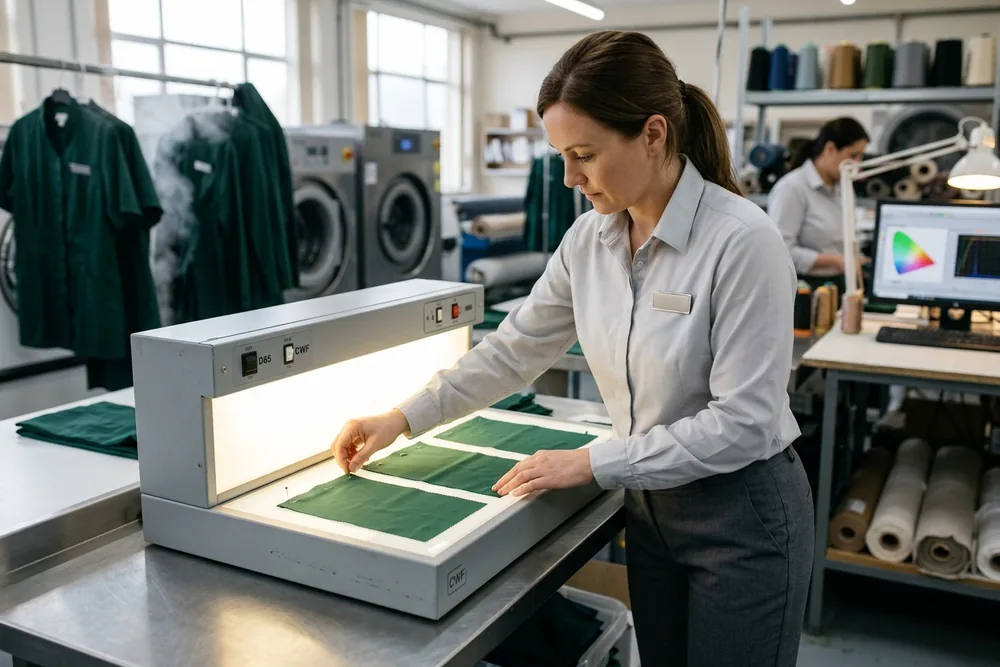 Colour lab technician laying three forest green fabric dips side by side in a light box