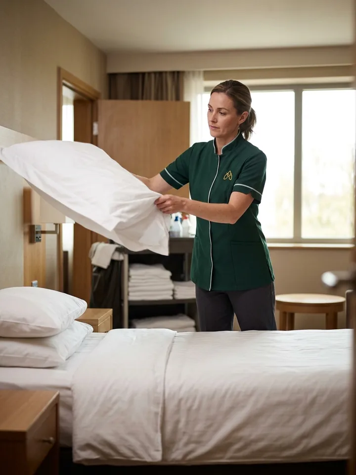 Room attendant in a forest green tunic with light piping shaking out a pillowcase