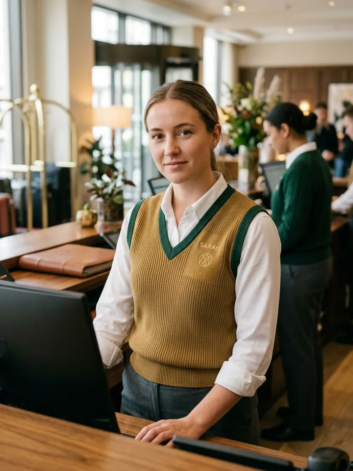 Reception agent in a white shirt and brass-coloured knit vest with an embroidered name