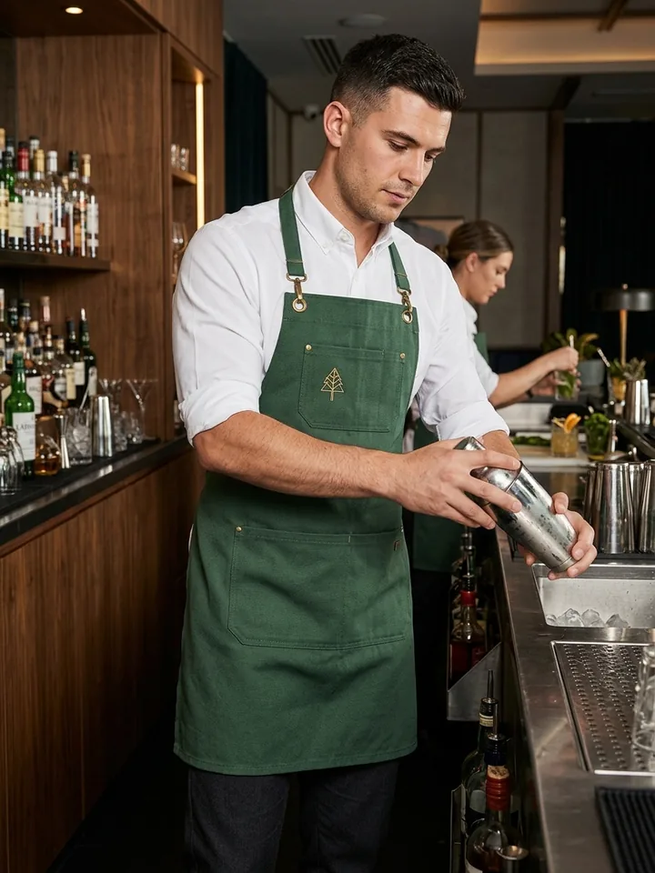 Bar server in a white shirt and brass-coloured bistro apron mixing a drink