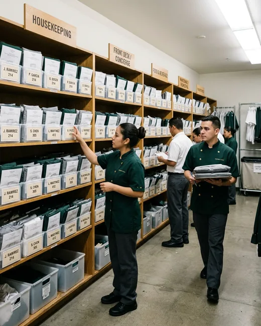 Uniform room shelves with one labelled pack per employee, grouped by department