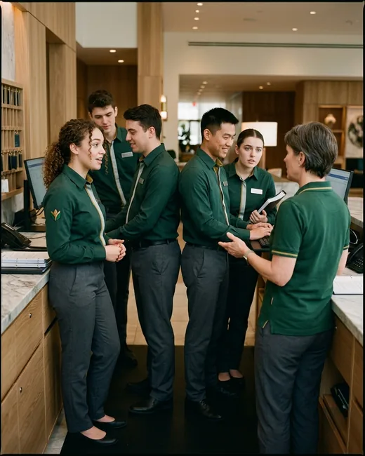 Front desk trainees in their new uniforms at a pre-opening training session