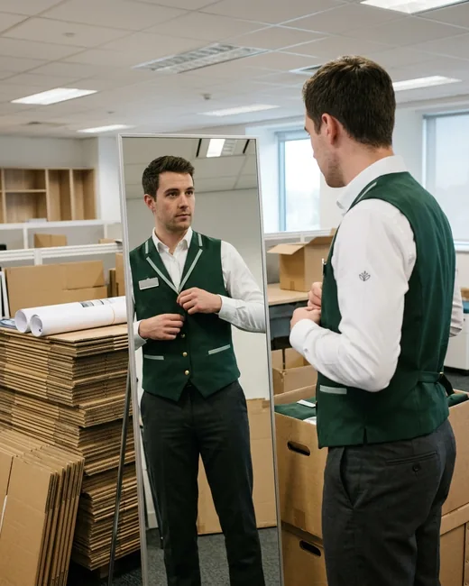 New hire trying on a forest green vest in front of a mirror in the pre-opening office