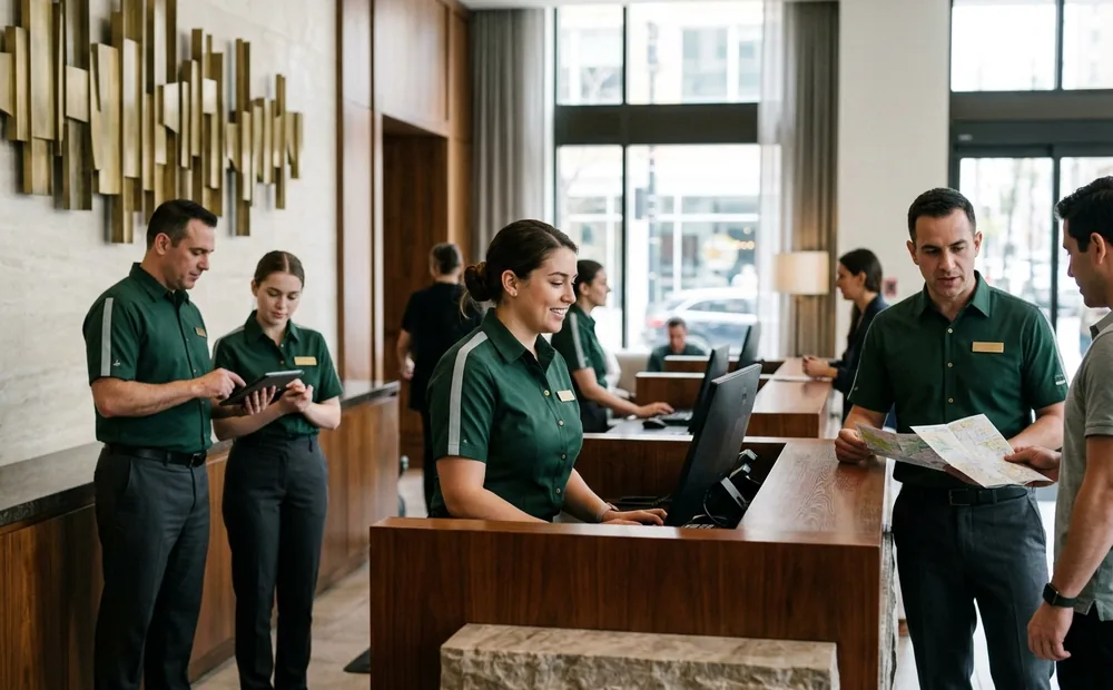 Front desk and concierge team at a flagship hotel on the day they change into new forest green uniforms