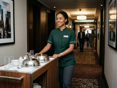 Suite floor attendant in a forest green uniform at a city hotel