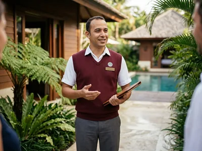 Villa host in a claret knit vest at a resort