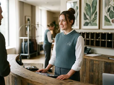 Boutique hotel receptionist in a slate teal knit vest