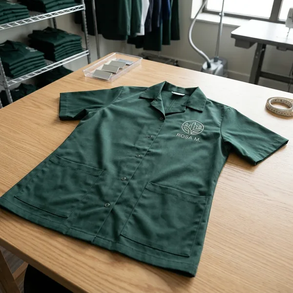 Forest green snap-front housekeeping tunic laid flat with an embroidered logo and name