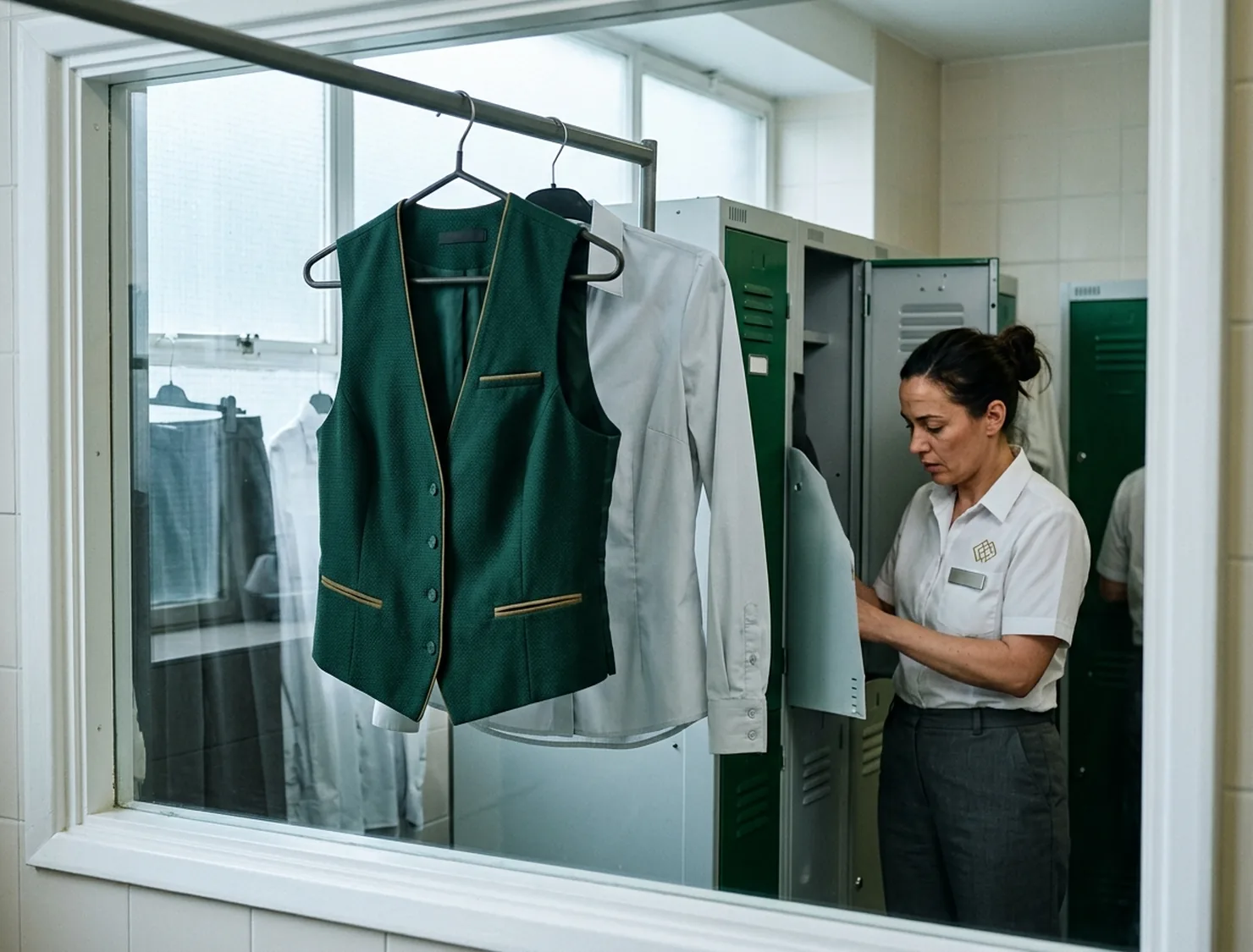 Front office poplin blouse and brass-coloured vest hanging by a staff changing room window