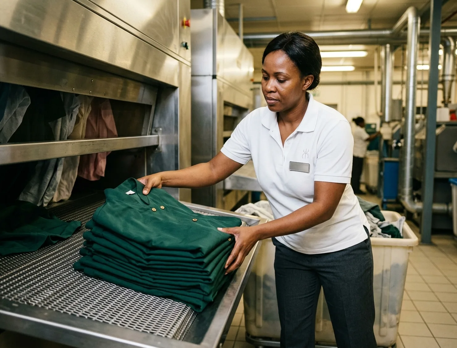 Hotel laundry worker taking a stack of forest green tunics from the end of a tunnel dryer line