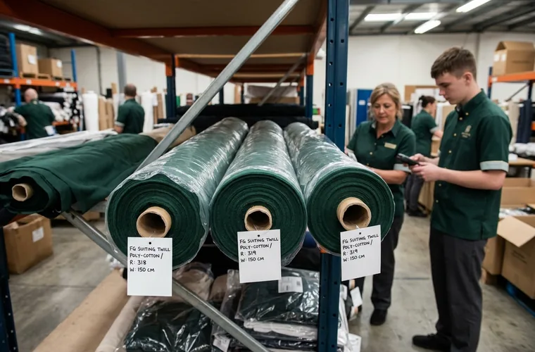 Three rolls of forest green suiting, poly-cotton and twill on a warehouse rack