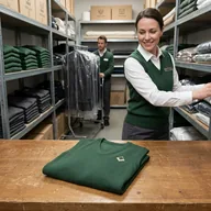 Forest green knit vest folded on a counter