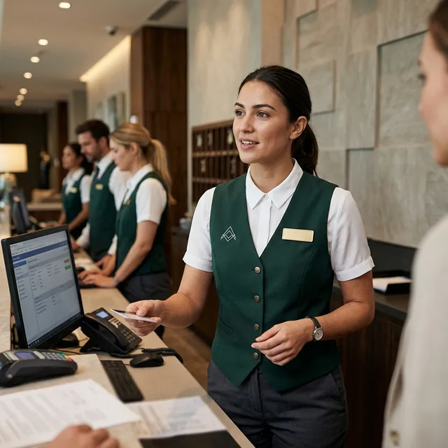 City hotel receptionist in a slate teal vest
