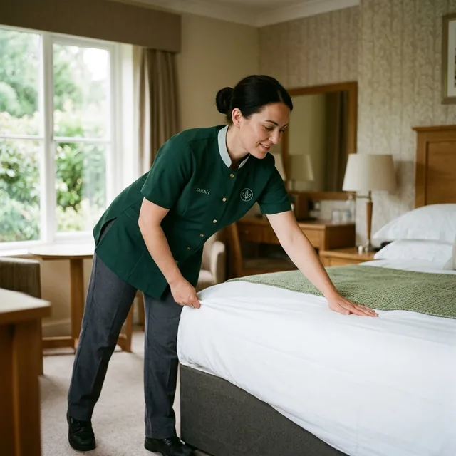 Room attendant in a forest green tunic making a bed