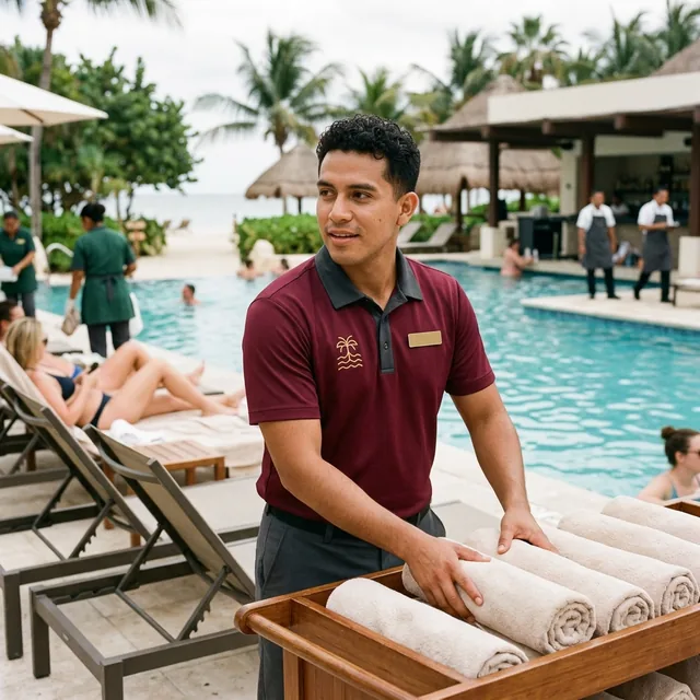 Resort pool attendant in a claret performance polo