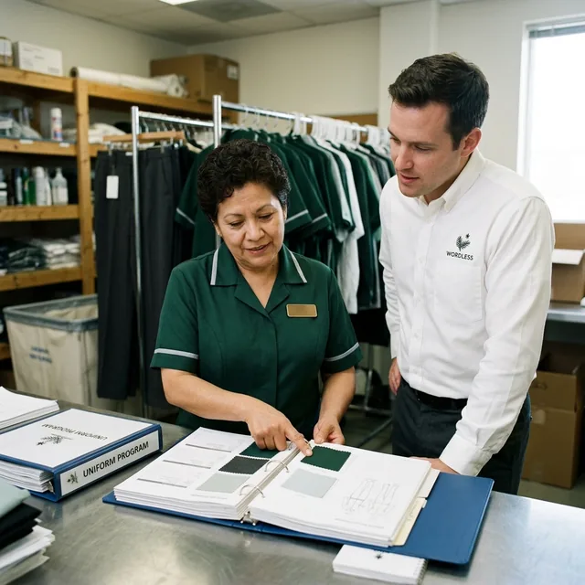 Executive housekeeper and group buyer reviewing a uniform program binder