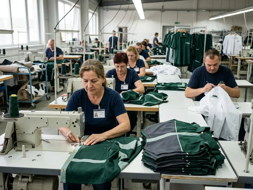 Sewing line with machinists stitching uniforms