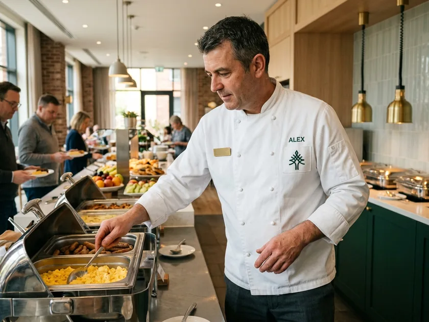 Hotel breakfast chef in a white chef coat
