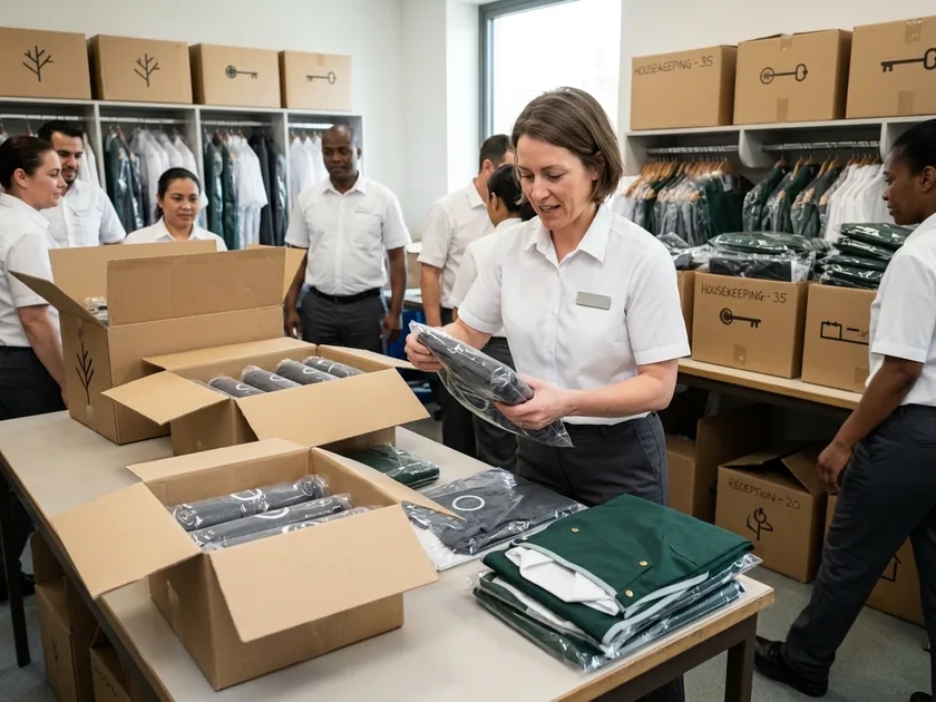 Site manager unpacking per-person uniform packs on rollout day