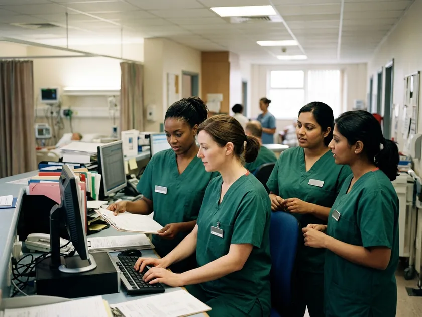 Ward nurses in department-colour scrubs