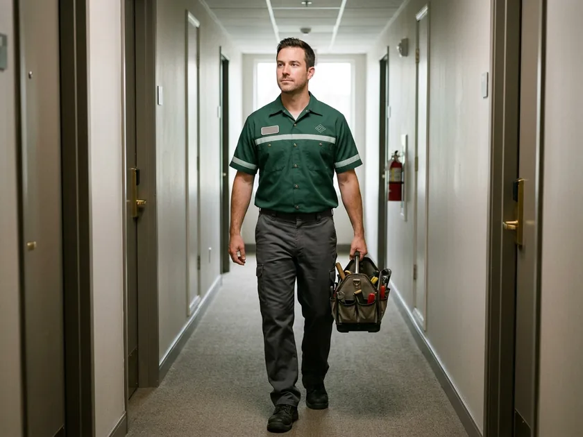 Hotel maintenance technician in a work shirt carrying a toolbox