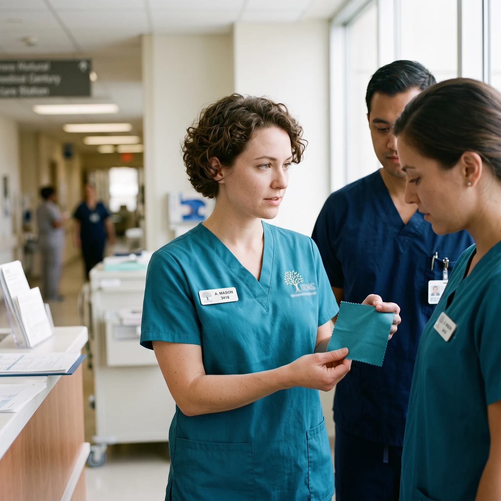 Hospital staff in teal scrubs holding a fabric swatch against a colleague's tunic to compare the shade