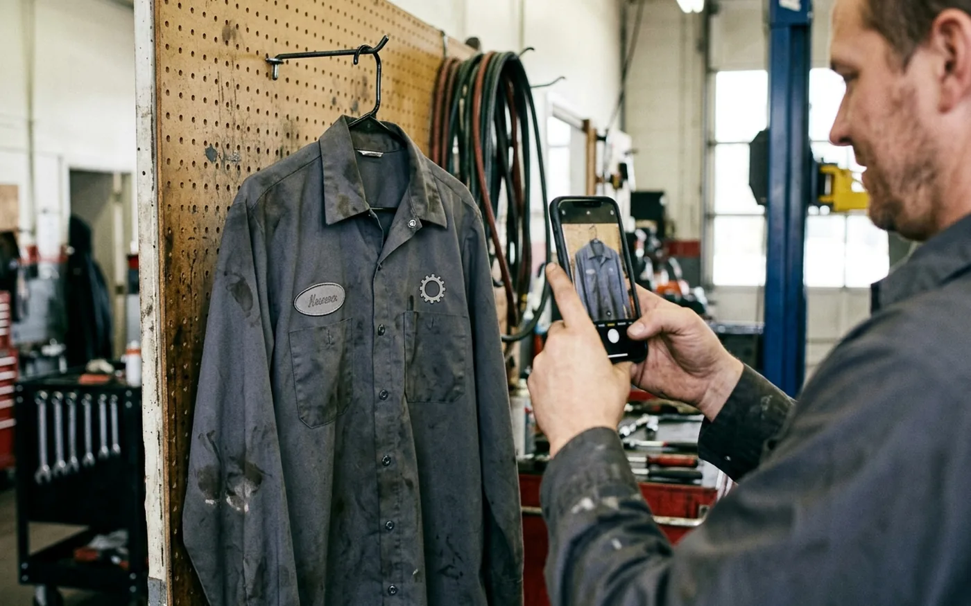 A phone taking a photo of an oil-marked work shirt hanging on a workshop hook