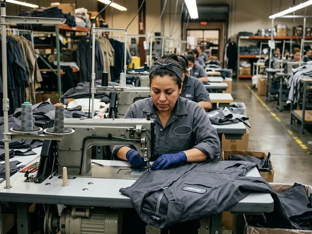 Sewing operator stitching a coverall on a factory sewing line