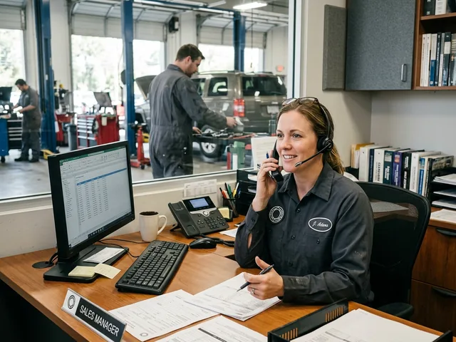 Sales manager with a headset answering an inquiry at a desk