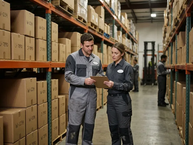 Workwear distributor's warehouse with plain cartons on shelves