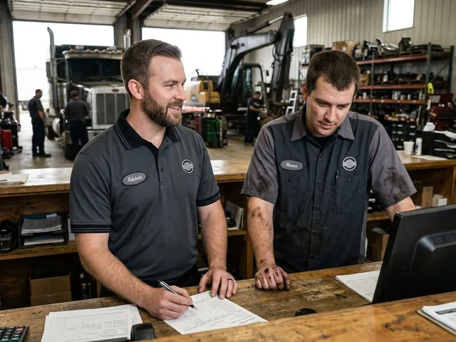 Service advisor and technician in matching work shirt and polo at a service counter