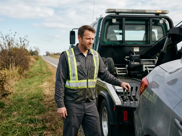Roadside recovery technician in a hi-vis vest beside a tow truck