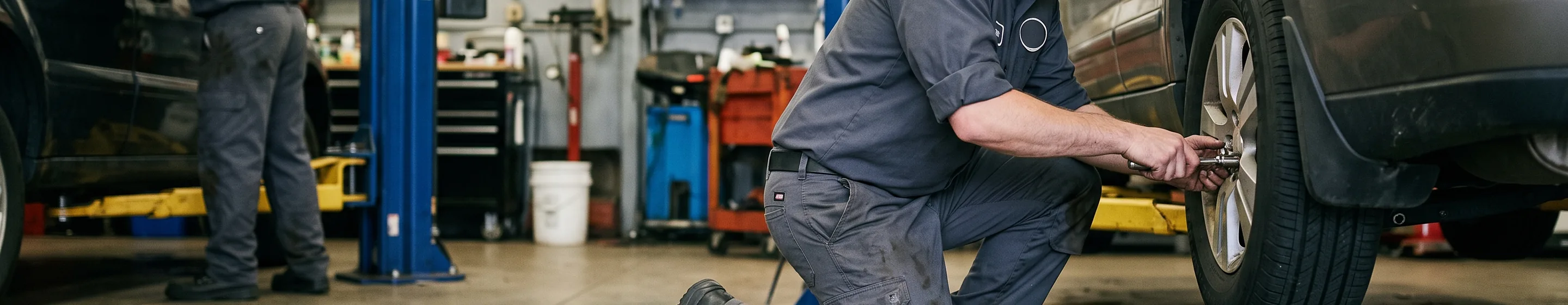 Second technician kneeling at a car wheel in cargo work pants with double-layer knees and a knee-pad pocket, an oil drain pan beside him