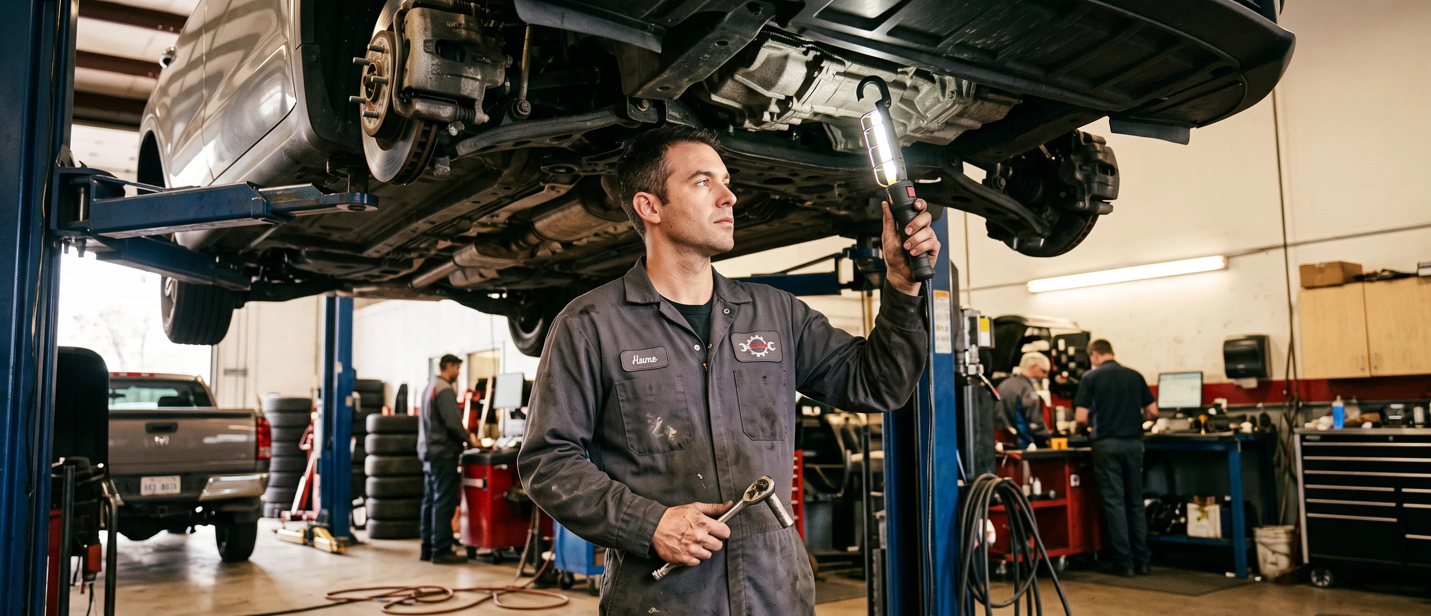 Technician in a charcoal coverall with an embroidered chest logo and oval name patch standing under a car raised on a two-post lift, holding a work light up to the underbody