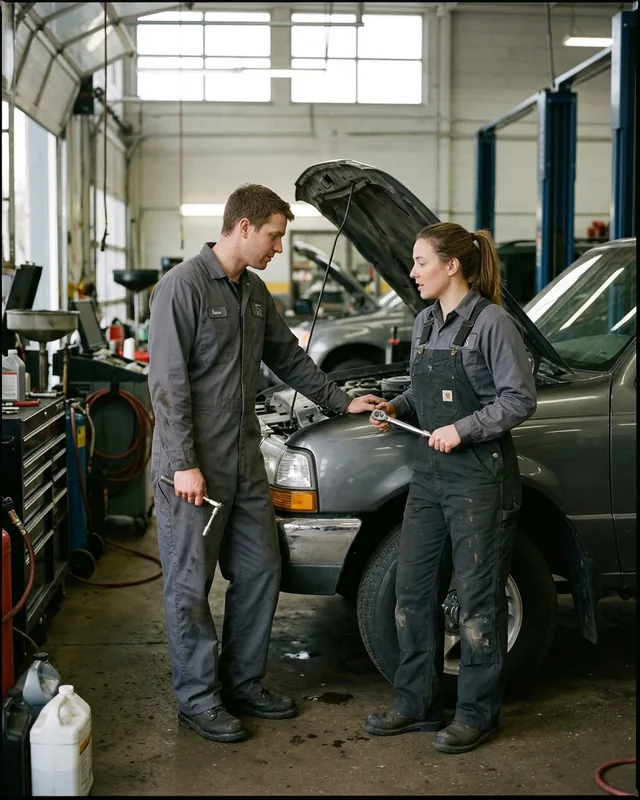 Two technicians beside a car, one in a long-sleeve coverall and one in bib overalls over a work shirt