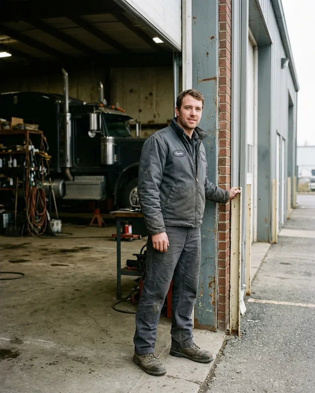 Technician at the door of an unheated workshop in an insulated shop jacket with an oval name patch