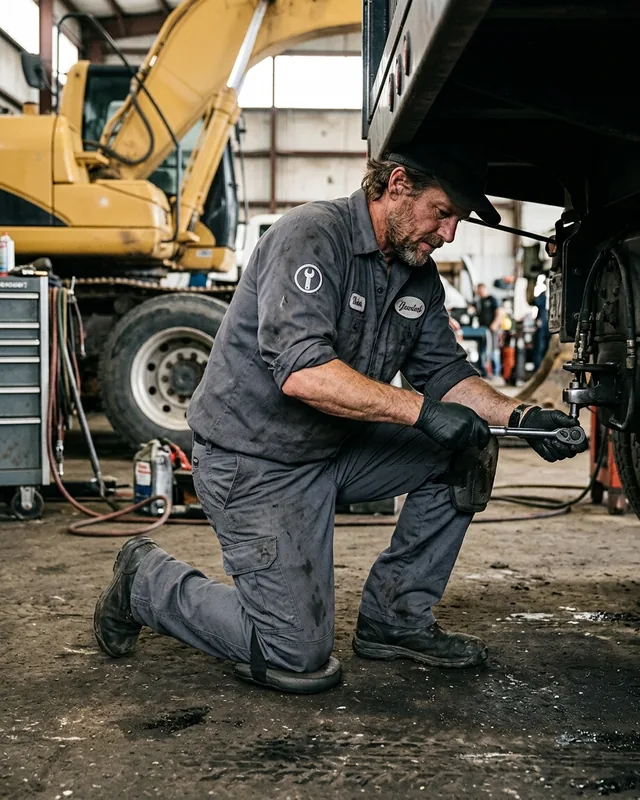 Technician kneeling in cargo work pants with a knee-pad pocket in each knee